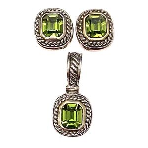 John Candice Peridot Rhinestone Clip On Earrings Necklace Pendant Set Silver